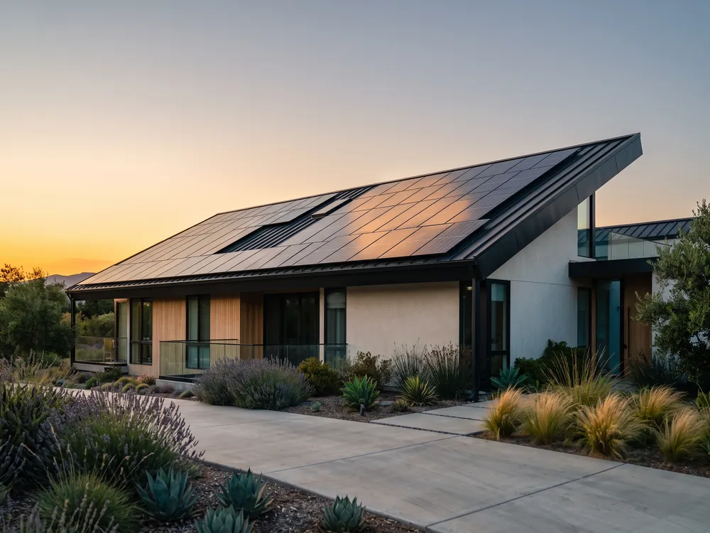 Modern house with rooftop solar panels at golden hour
